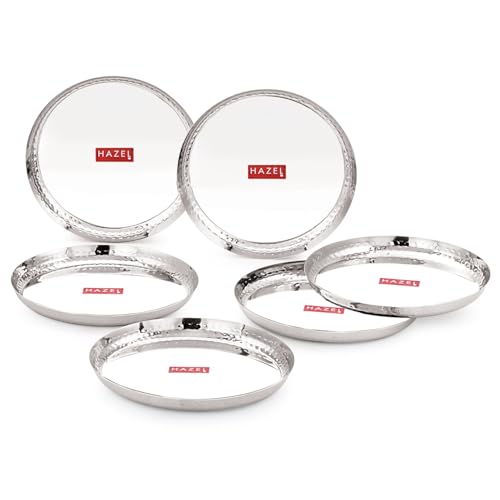 Image of HAZEL Stainless Steel Lunch Plate 25.5cm, Set of 6 | Hammered Rim Finish Daily Use Dinner Plate Food Serving Plate for Restaurant Thali