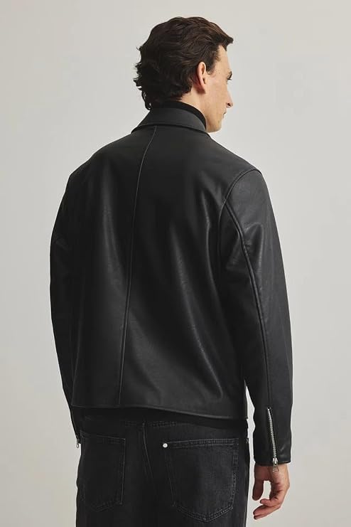 Image of Mercywear Black Faux Leather Jacket for Men & Women | Boxy Cropped Racing Streetwear Jacket | Collared Zip-Up Classic Biker Style | Regular Fit for Casual wear