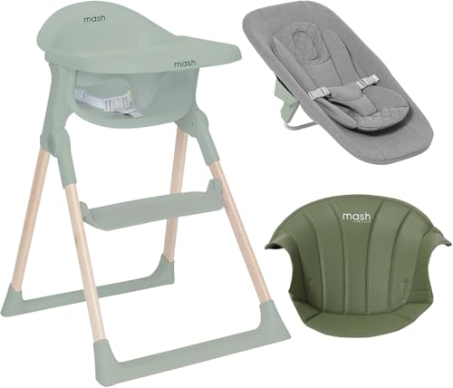 Mash High Chair Bundle by Baby Elegance | Includes Newborn Seat (0-6 Months) Toddler Seat (6+ Months) & Sage Cushion | Adjustable Sage High Chair for Babies & Toddlers option