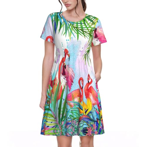 Robe d'été flamant rose pour femme avec poches | Coupe trapèze décontractée chic