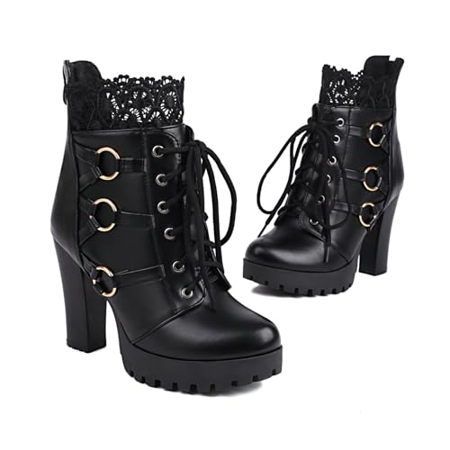 Image of FOREADA Goth Platform Heel Combat Boots Women Pearl Lace Victorian Booties