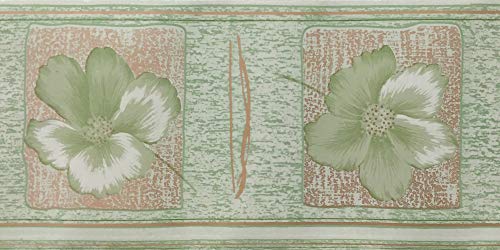 Dundee Deco Bd2072 Peel And Stick Light Green Flowers In Light Brown Squares Distressed Floral Wallpaper Border Retro Design, Roll 33 Ft. X 4 In. (10M X 10Cm), Self Adhesive #TOP2