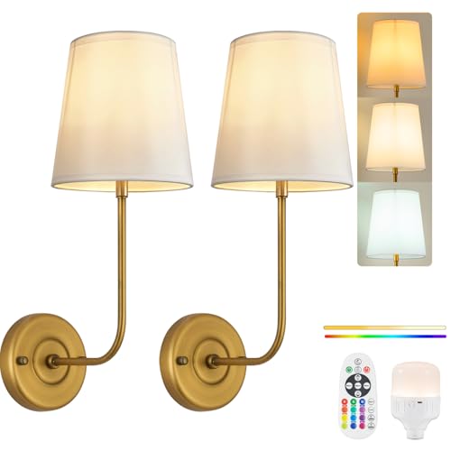 Image of PASSICA DECOR Rechargeable Wall Sconces Set of 2, Battery Operated Wall Sconce Set of Two,Wireless Wall Lights with Dimmable LED Bulbs, 15 Colors and Remote Control, Bedroom, Living Room