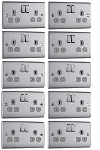 TEKITSFUN 10 x BG Nexus NBS22G Twin Switch Sockets 13 Amp Double Pole Brushed Steel/Grey Inserts