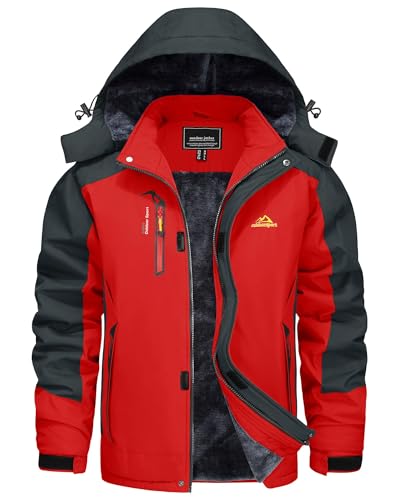 KEFITEVD Chaqueta de snowboard para hombre con forro cálido, chaqueta de esquí impermeable, chaqueta softshell con capucha, chaqueta de invierno transpirable, red, L