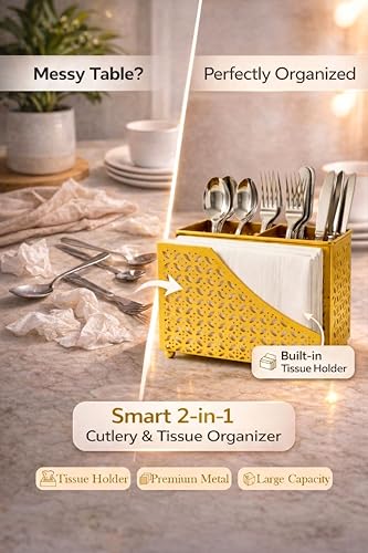Image of Cutlery Holder for Dining Table with Tissue Holder | Golden Metal Spoon Fork Knife Stand Organizer | Tabletop Cutlery Stand for Kitchen