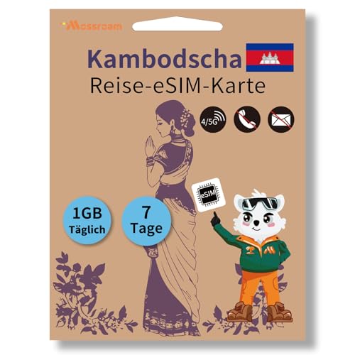 Kambodscha-Daten-eSIM-Karte: Täglich 1 GB Highspeed-Daten, 7-Tage-Prepaid-Tarif, Hotspot-Unterstützung, QR-Code, kein Vertrag, Keine SIM-Karte, Keine Sprachanrufe, Keine SMS
