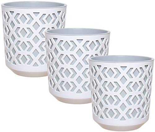 idea-station macetas plastico 3 Piezas, 14 cm, Blanco-Gris, Redondo, maceteros, jarrones, Decorativas, pequenas, Interior, Exterior, inastillable
