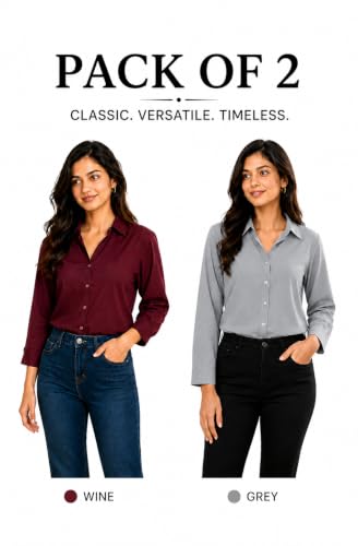Image of FUNDAY FASHION Women Solid Regular Fit V Collered Casual Shirt (Pack of 2)