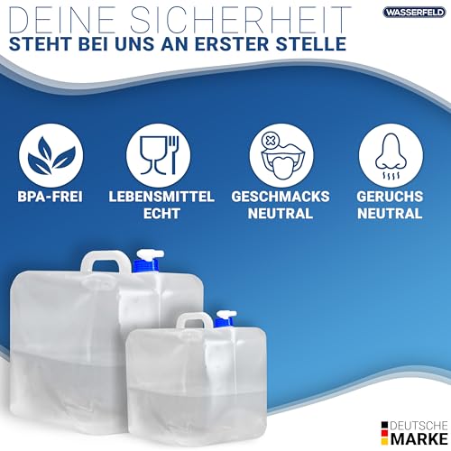 WASSERFELD ® [1x20L] Wasserkanister Faltbar inkl. auslaufsicherem Dosierhahn & Tragehenkel - Robuster Trinkwasserkanister mit Verschlussklappe - Auslaufsicherer Wasserbehälter 2