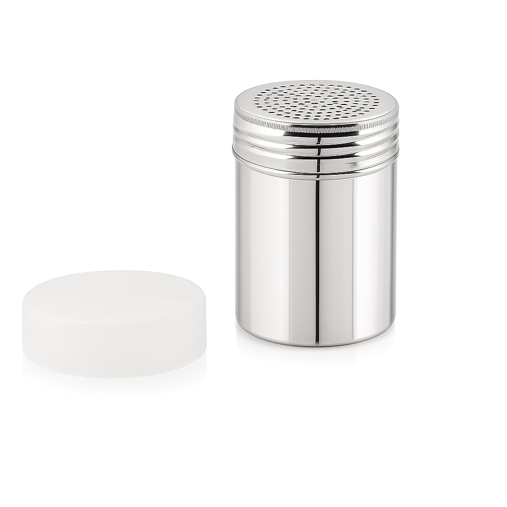 GS Kitchenware Stainless Steel Powder Shaker with Screw-On Cap, 300 ML, Kitchen Dredger for Spices, Sugar, Salt, Flour.