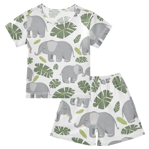 ALAZA Elephant Palm Leaf White Pajamas Short Sleeve 2 Piece Sleepwear Top and Bottom Pajama Set Unisex