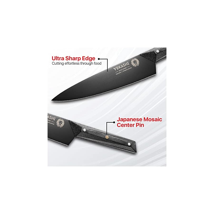 YOKASHI-Chef-Knife-8-inch-Professional-Kitchen-Knife-Black-Titanium-Nitride-Coated-Razor-Sharp-High-Carbon-7CR17MOV-G10-Handle-with-Sheath YOKASHI Chef Knife 8 inch - Black Titanium Nitride Coated Japenese Knife - Razor Sharp 7CR17MOV Carbon Steel - Full Tang Chef's Knife - G10 Alloy Steel Handle - Multi Purpose Kitchen Kinfe - Gift Box