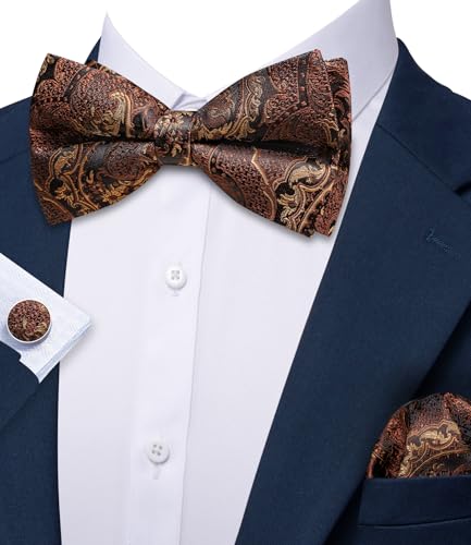 Image of Barry.Wang Paisley Striped Bow Tie for Men Silk Pre-Tied Bowtie Pocket Square Cufflinks Set Formal Wedding Party Prom