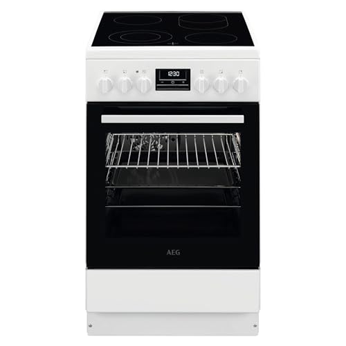 AEG Standherd mit Glaskeramik-Kochfeld, 50cm, A, 1 Paar Teleskopschienen, Bräterzone, Mehrkreiskochzone, Versenkknebel, Grillfunktion, Display mit Uhr, Weiß, CCB544OCBW