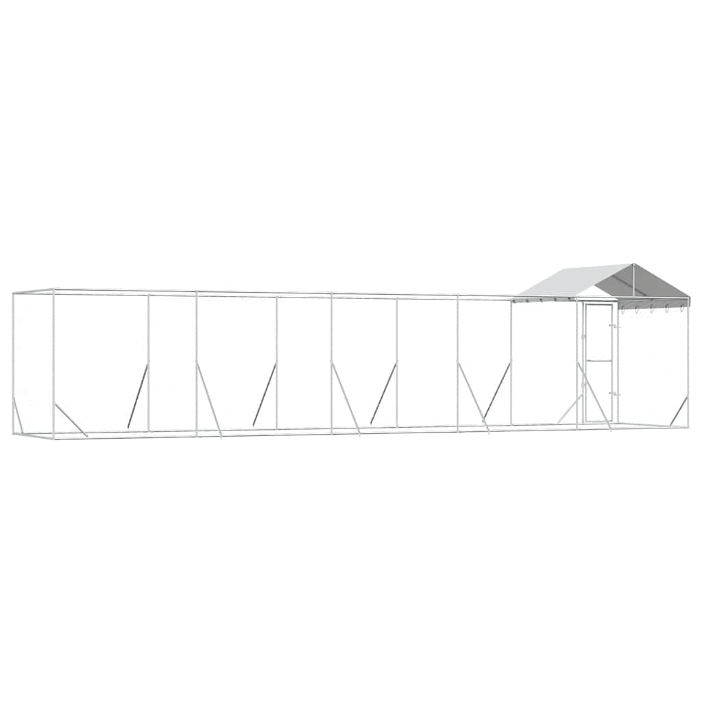 Zewnętrzna hodowla dla psów z dachem, 10 x 2 x 2,5 m, ocynkowana stal, dla psów, szczeniaków, zwierząt domowych, srebrna, odporna na warunki atmosferyczne, bezpieczny kojec dla królików i kaczek