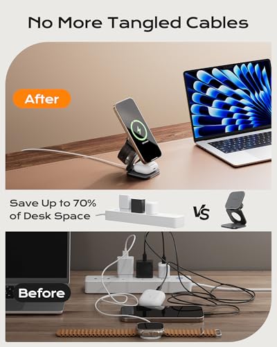 Image of KU XIU Qi2.2 25W Magnetic Wireless Charger, Foldable 3 in 1 Travel Charging Station for iPhone 17 /16 /15 /14 /13 /12, 5W for Apple Watch & AirPods, Aluminum Alloy Design, 45W GaN Adapter Included, Gray