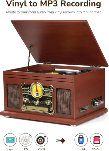 Image of FEKTIK Bluetooth Record Player 10 in 1, 3-Speed Turntable for Vinyl with Speakers, LP to MP3 Converter, CD, Cassette Player, FM Radio, Wireless Streaming | Mahogany