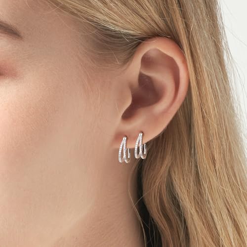 E Hypoallergenic 14K Gold Plated Hoop Earrings for Women, Double Hoops Earrings Plated Diamond with Cubic Zirconia Pave Cluster Lightweight Hoops Earrings for Lover Anniversary Birthday2