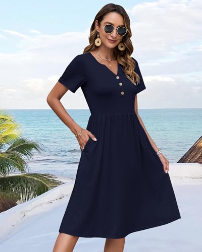 Image of WNEEDU Women V Neck Button Down Empire Waist Midi Summer Dress with Pockets