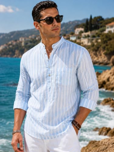 Image of Majestic Man Men's Pure Cotton Striped Mandarin Collar Slim Fit Roll-Up Sleeves Short Kurta