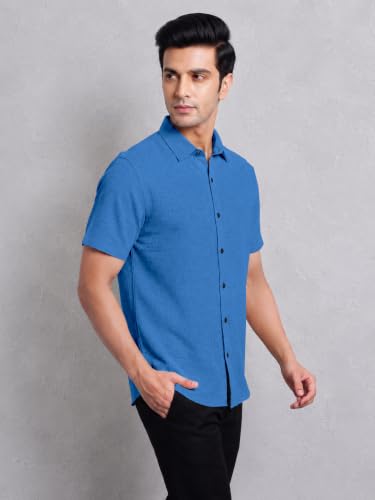Image of TOPLOT Men's Casual Short Sleeve Button Down Shirt | Lightweight Breathable Textured Linen Formal Shirt | Summer Beach Vacation Relaxed Fit Man Shirts (5260)