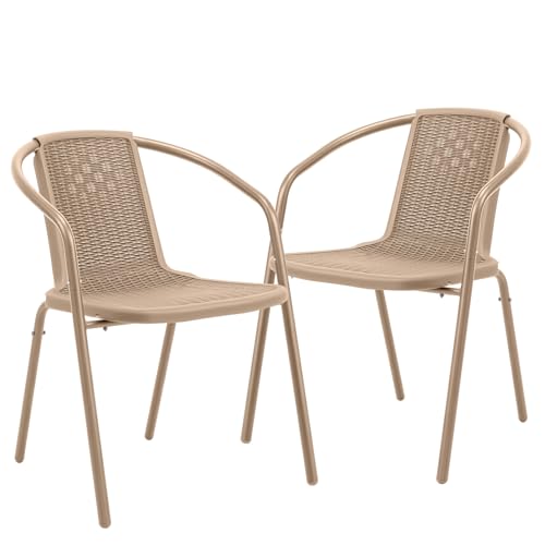 VINGLI PE Rattan Outdoor Dining Chairs Set of 2, Plastic Stackable Patio Chairs for Indoor, Porch, Restaurant, Garden,Champagne