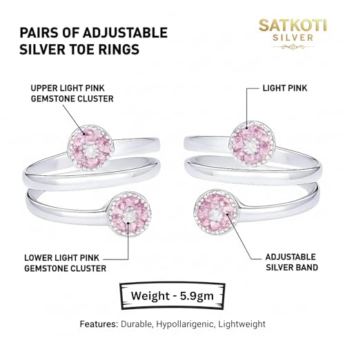 Image of SATKOTI 925 Silver Toe Rings for Women | Adjustable Pure Metal Bichiya with AAA Quality CZ Stone| BIS Hallmarked Jewelry with Authenticity Certificate | Pair of 2 Metti
