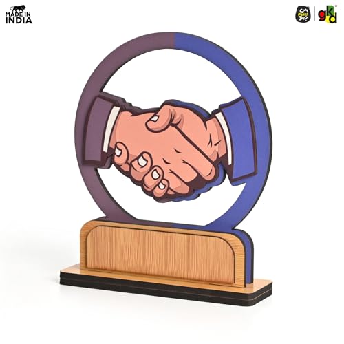 Image of GKD Wooden Handshake Memento Trophy | DIY Customizable Partnership Award for Corporate Gifts, Dealer Meets & Business Achievements | Office Desk Decor | Add Your Own Sticker or Text (Handshake)