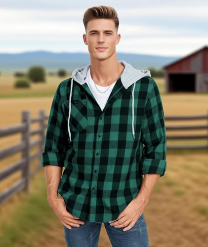 Mens Flannel Hooded Shirt Long Sleeve Fashion Plaid Hoodie Button Down Shirts with Pocket3