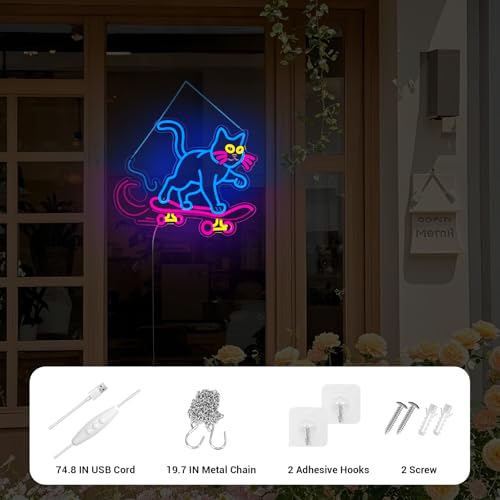 Image of Cute Cat Neon Sign, Skateboard Neon Signs for Wall Decor Dimmable USB Room Decor for Teen Girl, Party, Bedroom, Pub, Furniture, Gifts for Birthday, Christmas (Cool Cat-Blue)