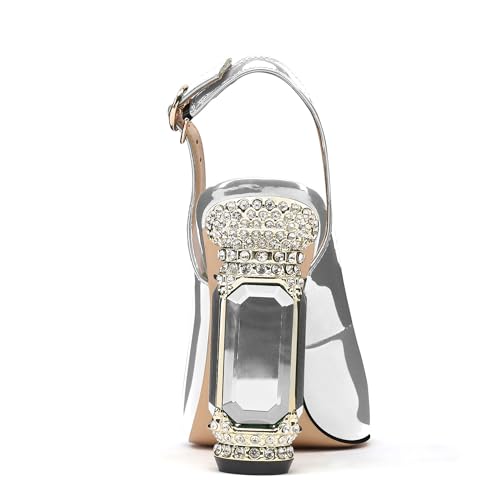 Image of JANSEVEN Women Chunky Heels Pumps Crystal Block Heels with Rhinestones Pointed Toe Sexy Gradient Patent Leather Slip on Bridal Party Wedding Dress Shoes 5-13 M US