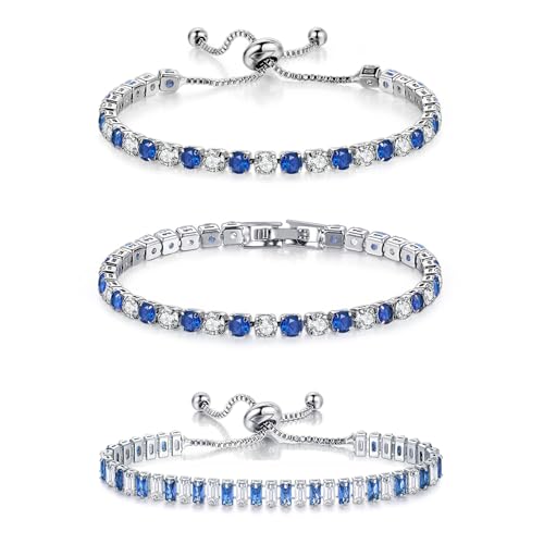 YOYUNLUO 3PCS Blue Bracelets for Women Tennis Bracelet Set with Adjustable & Clasp Styles Silver Platinum Plated CZ Jewelry Gift for Girlfriend Mom Daily & Formal Wear