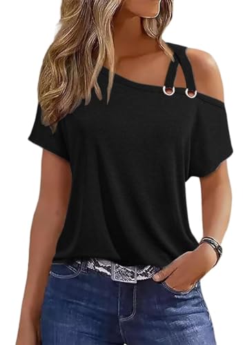 VKEGNIO Criss-Cross One Shoulder Tops Sexy Cold Shoulder Shirts Summer Short Sleeve T-Shirts Vacation Loose Casual Tees