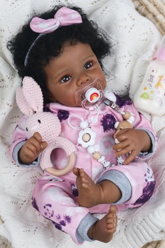WOOROY Realistic Reborn Baby Doll Black Girl – 18 Inch African American Newborn Baby with Soft Body, Lifelike Handmade Real Life Adorable Gift with Accessories for Kids Age 3+