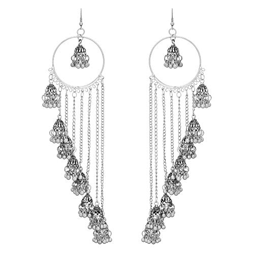 Jwellmart Afghani Bohemian Kashmiri Style Oxidized Silver Drop Dangle Bali Jhumka Indian Long Earrings for Women and Girls (Silver)