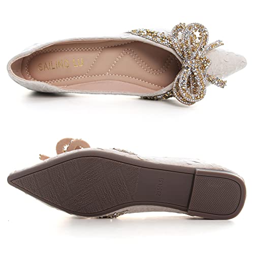 Sailing Lu Cute Bowknot Ballet Flats For Women Pointed Toe Crystals Dress Shoes Comfort Light Weight Loafers Apricot Size 9.5 thumb #5