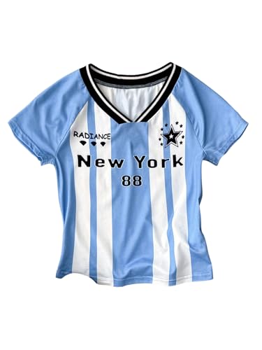 SweatyRocks Girl's Striped Short Sleeve Jersey Shirts V Neck Number Graphic Tees Summer Tops