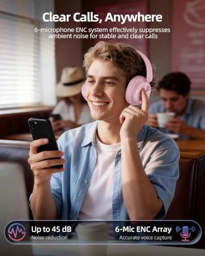 Image of Hybrid Active Noise Cancelling Headphones 120H Playtime Wireless Headphones Bluetooth 6.0 Over Ear Headphones 6 ENC HD Call Mic, Hi-Res 360 Spatial Audio ANC Headphone for Travel Workout Dusty Pink