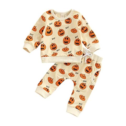 Jeqckloves Newborn Baby Halloween Pants Set 2Pcs Infant Boys Girls Pumpkin Sweatshirt Long Trousers First Halloween Outfits (Apricot,6-12 Months) Cover