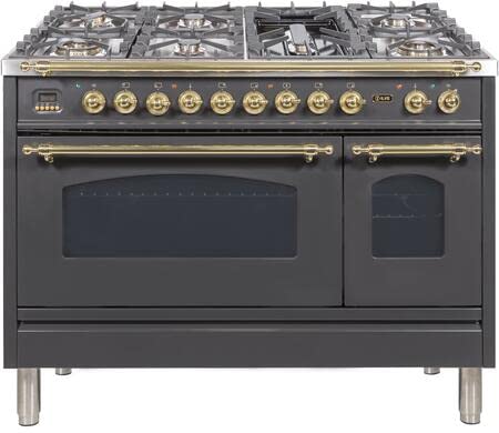 Ilve Upn120Fdmpm Nostalgie Series 48" Freestanding Dual Fuel Range With Natural Gas, 7 Sealed Brass Burners, Double Ovens 4.99 Cu. Ft. Oven Capacity Gas Conversion Kit Matte Graphite With Brass Trim #TOP1