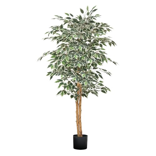 VEVOR 5FT Artificial Ficus Tree with Black Pot, Tall Faux Ficus Plant with Natural Wood Trunk and...
