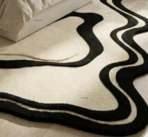 Image of Hand Tufted Wool Rug 6x8 Ft - Modern Irregular Shape Aesthetic Carpet, 1 Inch Thick Pile, Anti-Skid Backing, Soft Handmade Woolen Area Rug for Living Room, Bedroom, Hall Decor