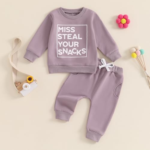 Baby Girl Fall Clothes Set Long Sleeve Letter Print Sweatshirt Pants Toddler Infant Outfits 6 12 18 24 Months 2T 3T (Solid Color Purple, 18-24 Months)