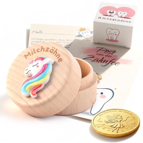 Gzxhsy Zahndose Milchzähne mit Zahnfee-Münzen für Jungen & Mädchen - Niedliche Milchzahndose aus Holz - Erinnerungsgeschenk zur Kinder (Einhorn-Motiv in Blau & Rosa)