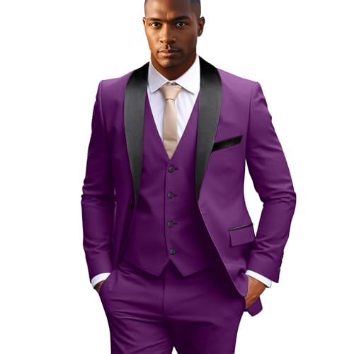 3 Piece Men's Slim Fit Suit Shawl Lapel One Button Suits for Men Jacket Vest Tuxedo Pants Set Wedding Prom Dinner