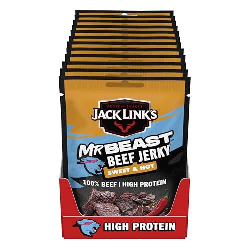 Jack Link's Beef Jerky Sweet & Hot Paquete de 12 bolsas de 40 g, Carne seca de res rica en proteínas, carne deshidratada con alto contenido proteínico