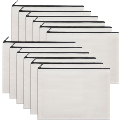 Image of 12 Pieces Cotton Canvas Makeup Bag, Multipurpose Cosmetic Bag with Zipper Travel Toiletry Pouch, Blank DIY Craft Bag (White, XL)