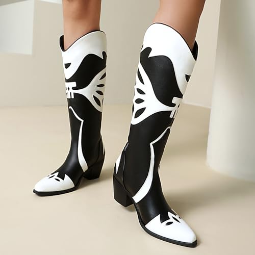 Butterfly Cowboy Boots for Women,Western Knee High Cowgirl Boot Vintage Sexy Pointed Toe Country boots Slip On Chunky Heel Girls Ladies Shoes.4