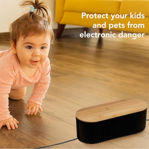 Image of Soko Cable Management Box with Bamboo Lid | Cords Hider & Surge Protector | Concealer for Power Strips, Router, TV, Gadget Wires Storage Organiser Tray for Desk, Table - Home, Office - Black
